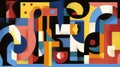 Colorful abstract geometric artwork featuring bold shapes and vibrant hues in a modern cubist style. Pattern Memphis 80s