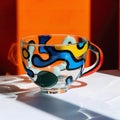 Colorful abstract glass mug on vibrant background, squiggle design