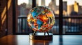 Colorful Abstract Globe with Trade Routes and Landmarks in Modern Office Environment