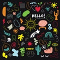 Colorful abstract hand drawn random art and modern decoration shapes and symbols icons set on black