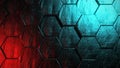Colorful abstract hexagon background. Moving metal hexagons with incident red and blue light. The concept of futuristic technology Royalty Free Stock Photo