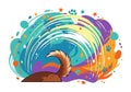 Colorful abstract illustration featuring a burrowing creature with a fluffy brown tail centered at Royalty Free Stock Photo