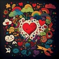 Colorful abstract illustration with humanoids, rainbow ami and red heart, black background. Heart asmbol of affection and Royalty Free Stock Photo