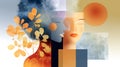 Abstract illustration featuring two stylized faces intertwined with vibrant foliage and geometric shapes, showcasing a Royalty Free Stock Photo