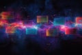 A colorful, abstract image of a line of computer monitors