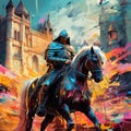 Colorful Abstract Knight Riding Through Medieval Streets