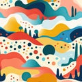 Colorful abstract landscape with loose and fluid forms in bold watercolors (tiled