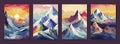 Colorful abstract mountains landscapes. Nature polygonal cards, decorative elements. Sunrise on rocks, contemporary