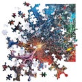 Colorful abstract neurography art in a jigsaw puzzle form, some pieces connected, others loose, against white