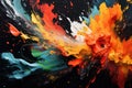 Colorful abstract paint splashes on black background. Acrylic colors, A background with strokes of wild paint, sporadically set on