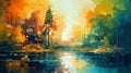Colorful Abstract Painting Of Autumn Forests And Rivers