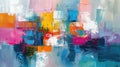 Colorful abstract painting with patchwork of blues, pinks, and yellows. Royalty Free Stock Photo