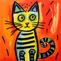 Colorful Abstract Painting Of Striped Cat On Yellow Background