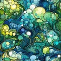 Colorful and abstract pattern with blue, turquoise, bubbles, and waves (tiled) Royalty Free Stock Photo