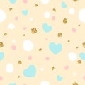 Colorful abstract seamless pattern with hearts and golden glitter texture.