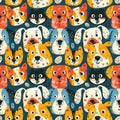 Colorful, abstract seamless pattern with a variety of playful dogs.