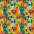 Colorful, abstract seamless pattern with a variety of playful dogs.