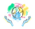 Colorful Abstract Shapes with Hands Surrounding Contour Earth Globe Vector Illustration Royalty Free Stock Photo