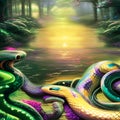 Colorful abstract snakes in a beautiful swamp