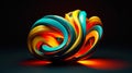 Colorful abstract spiral glossy sphere, cyan and orange on black background. Fluid forms, vibrant colors. Generative AI Royalty Free Stock Photo
