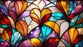 Colorful abstract stained glass mosaic window with background heart shaped and floral pattern.Art vintage style decoration. Royalty Free Stock Photo