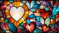 Colorful abstract stained glass mosaic window with background heart shaped and floral pattern. Royalty Free Stock Photo