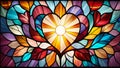 Colorful abstract stained glass mosaic window with background heart shaped and floral pattern. Royalty Free Stock Photo