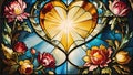 Colorful abstract stained glass mosaic window with background heart shaped and floral pattern. Royalty Free Stock Photo