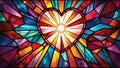 Colorful abstract stained glass mosaic window with background heart shaped pattern.Valentine\'s Day or Love concept. Royalty Free Stock Photo