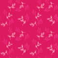 Colorful abstract stylized floral branches seamless pattern. Simple tiny leaves branches on a pink background.