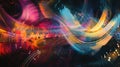 Colorful abstract visualization showcases sound waves intertwining with musical notes and instruments, creating an
