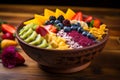 A colorful acai bowl with artistic fruit arrangements