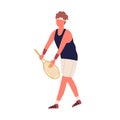 Colorful active male big tennis player holding racket and ball vector flat illustration. Man in sports apparel standing