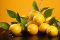 Colorful advertising photo - pile of fresh lemons with leaves on bright orange background