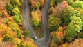 Aerial view of a road bend in a colorful autumn forest