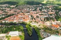 Colorful aerial view on medieval Town Pisek above the river Otava, Czech Republic