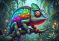 A colorful, AI-generated chameleon is perched on a branch, Royalty Free Stock Photo