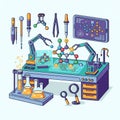 The scene features robotic arms assembling molecular structures on a Royalty Free Stock Photo