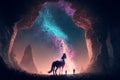 A horse with two people looking to the space, AI Generative