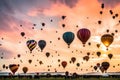 A colorful air balloon festival at sunrise, with numerous balloons taking flight against a pastel sky