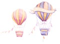 Colorful Air balloon flying with ribbons. Light pink yellow. Watercolor baby clipart. Kids prints. Travel theme