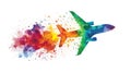Colorful Airplane in Flight with Watercolor Splashes Royalty Free Stock Photo