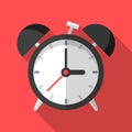 Colorful alarm clock icon in modern flat style with long shadow. Vector