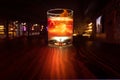 Colorful alcohol cocktail with a warm backlight on a wooden table.