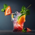 Yummy fresh cocktail with fruits and strawberries isolated at dark background