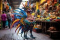 colorful alebrije statue in a bustling mexican market