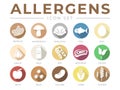 Colorful Allergens Icon Set. Allergens, Mushroom, Shellfish, Fish, Egg, Garlic, Milk, Soy Red Meat, Celery, Fruit, Seed, Legume