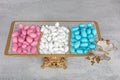 Colorful almond candies in the stylish, crystal candy bowl, almond sweets. The Sugar Feast concept. (Turkish name Ramadan -