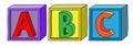 Colorful alphabet A B C letters on cube blocks in horizontal position
