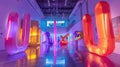 Colorful alphabet balloons in neon-lit room. Creative and fun concept suitable for design and print